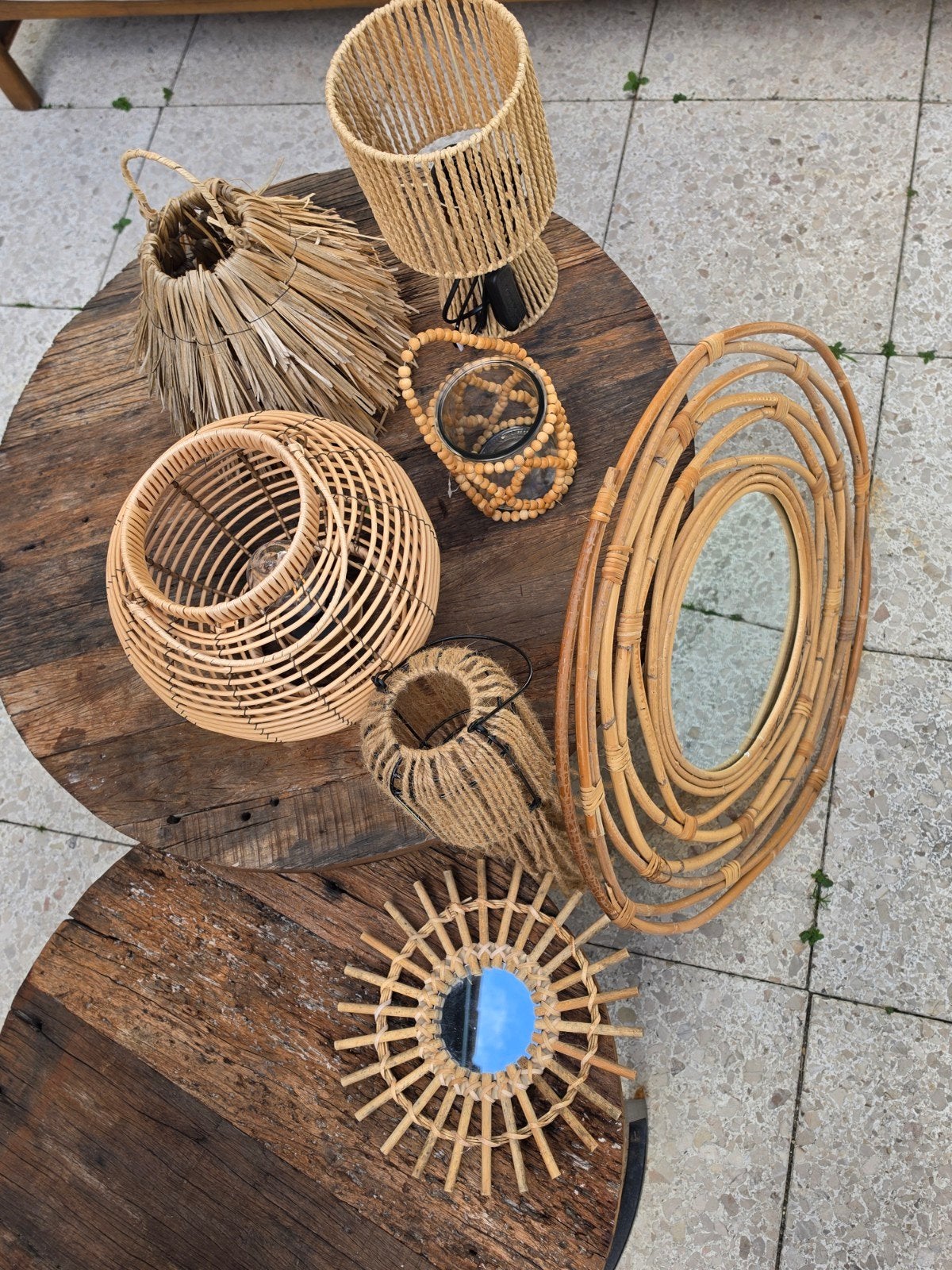 ​Grote bohemian rotan set wandspiegels lampen en accessoires, Ophalen, Minder dan 50 cm, Rond, Zo goed als nieuw