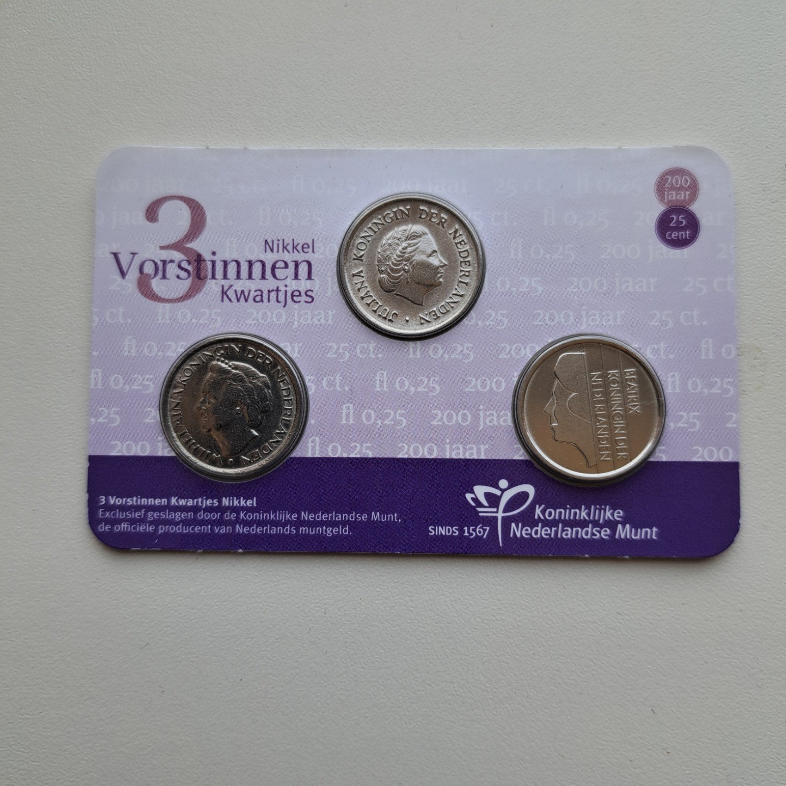 3 Vorstinnen Kwartjes coincard Koninklijke Nederlandse Munt, Ophalen of Verzenden, 25 cent, Setje