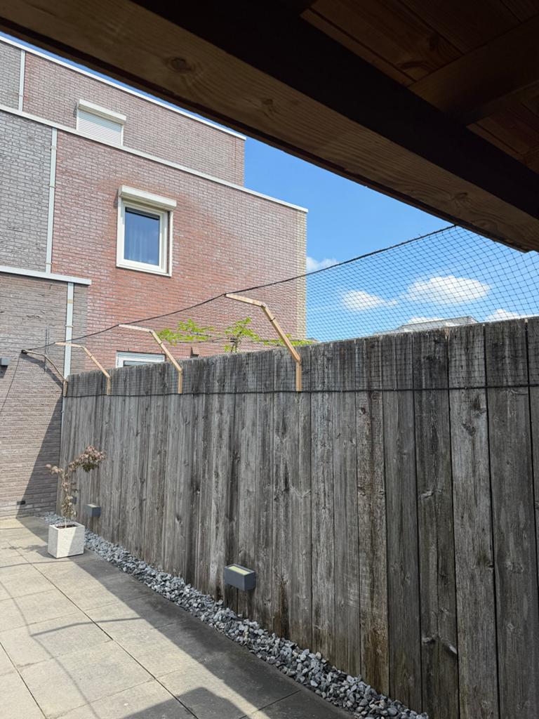 Katvriendelijk hekwerk met net - 6,80m x 5,60m, Tuin en Terras, Tuinhekken en Hekwerk, Gebruikt, Overige typen, Hout, Ophalen