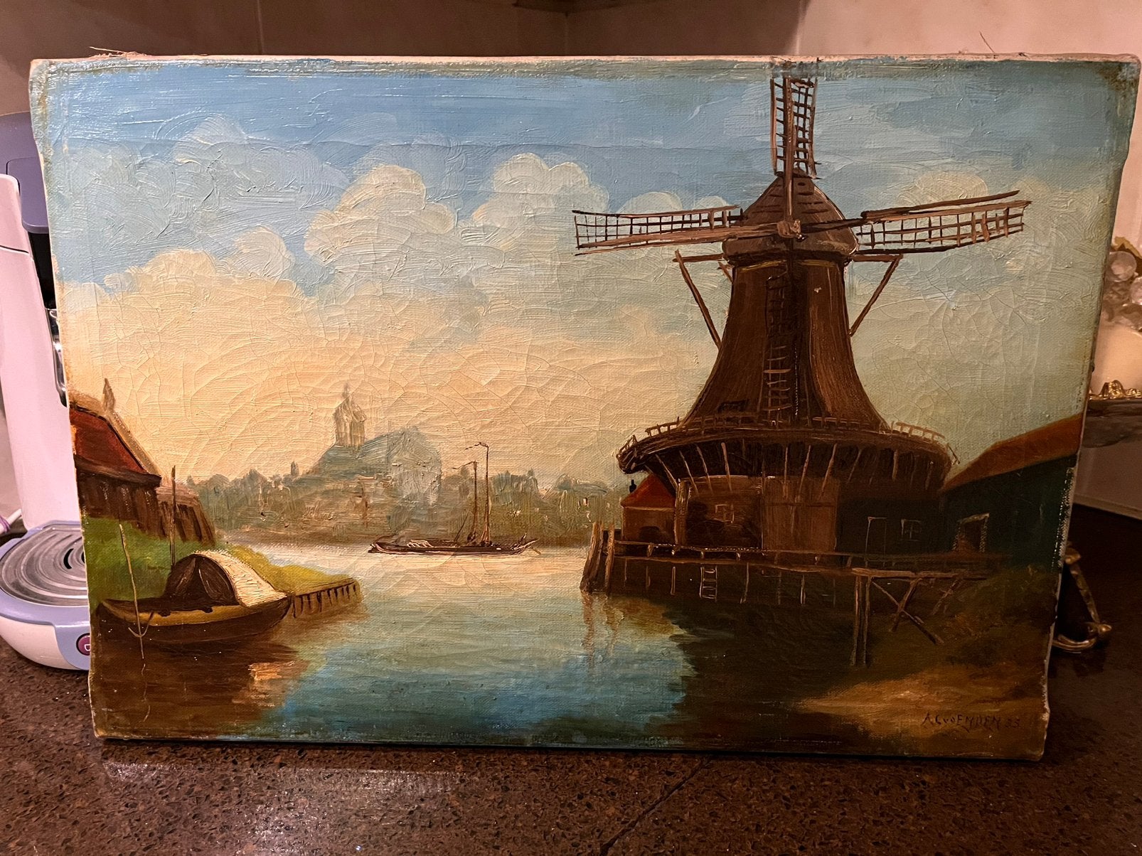 Antiek olieverf stadsgezicht met mollen, Antiek en Kunst, Ophalen
