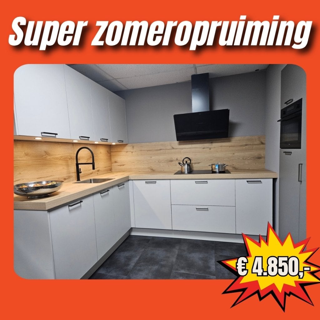 Showroomkeuken zandgrijs Hacker met Pelgrim apparatuur, Ophalen, Nieuw, 200 cm of meer, 50 tot 75 cm