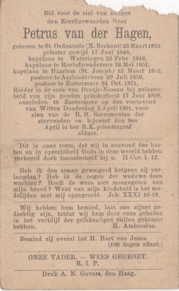 pastoor Petrus vd Hagen 1822 St. Oedenrode + 1901 Zoetermeer, Ophalen of Verzenden