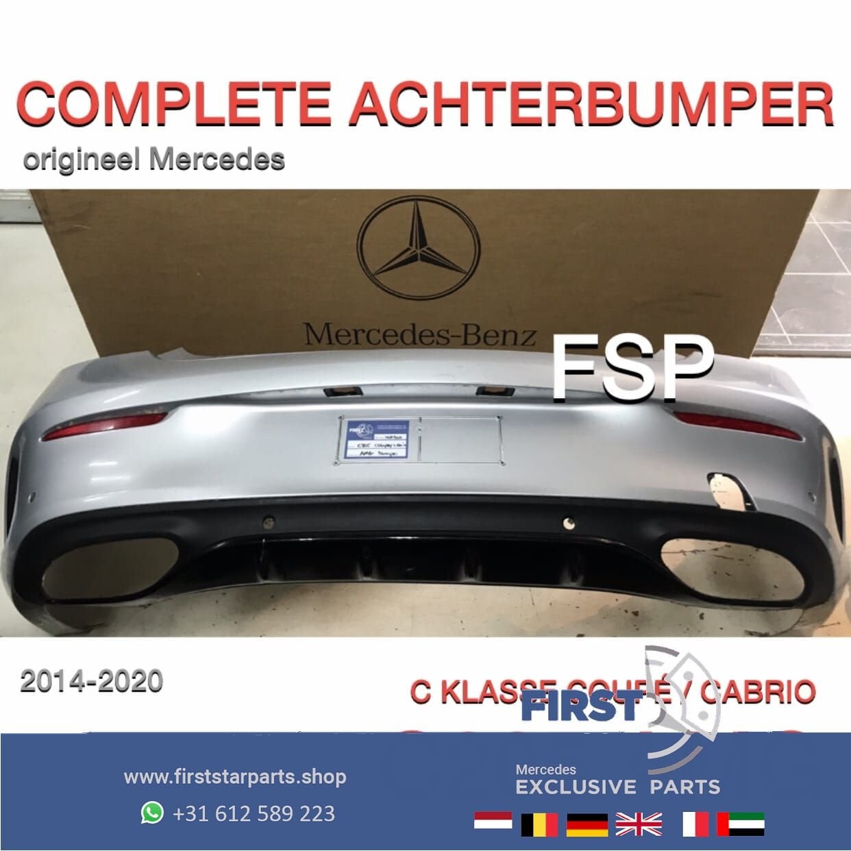 W205 CABRIO COUPÉ AMG ACHTERBUMPER COMPLEET ZILVER GRIJS ORI, Gebruikt, -, Ophalen of Verzenden, Achter