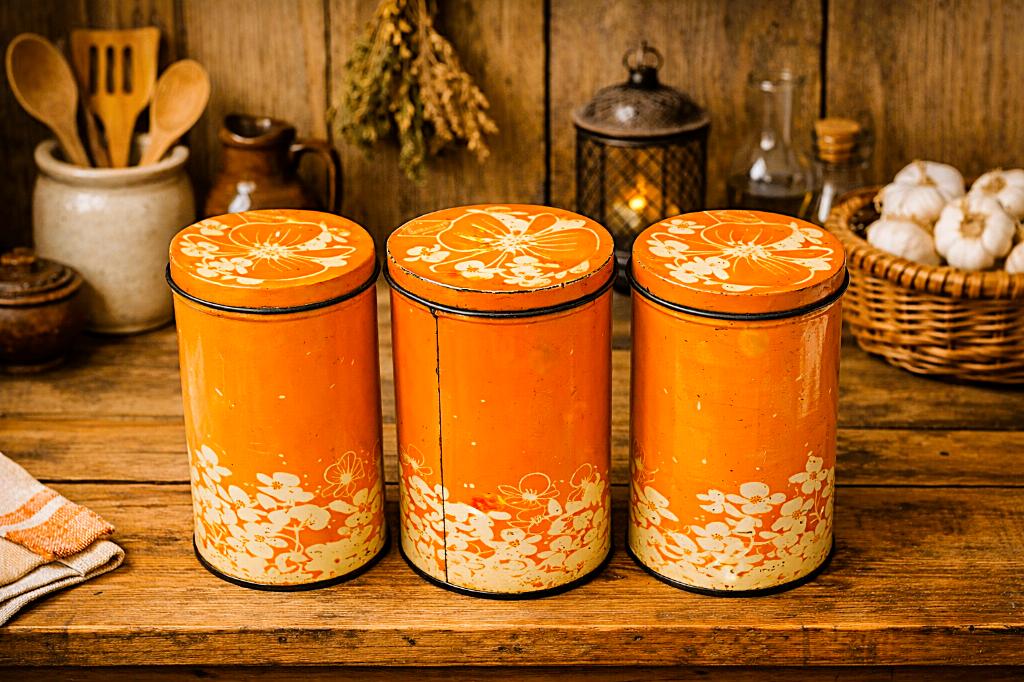 3 cilindrische oranje beschuitblikken-hooijmeijer wit bloem, Ophalen of Verzenden, Gebruikt, Beschuit, Overige merken
