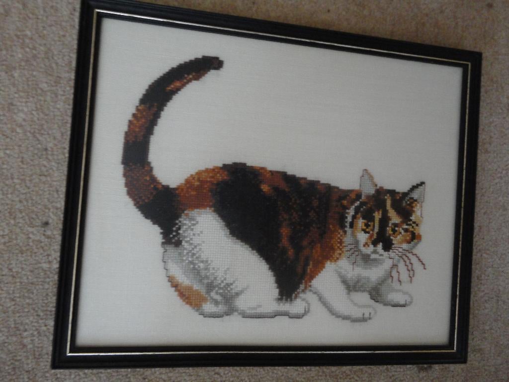 Ingelijst borduurde lapjeskat  en zwarte lijst 33 x 28 cm., Minder dan 50 cm, Oorspronkelijke maker, Nieuw, Ophalen of Verzenden