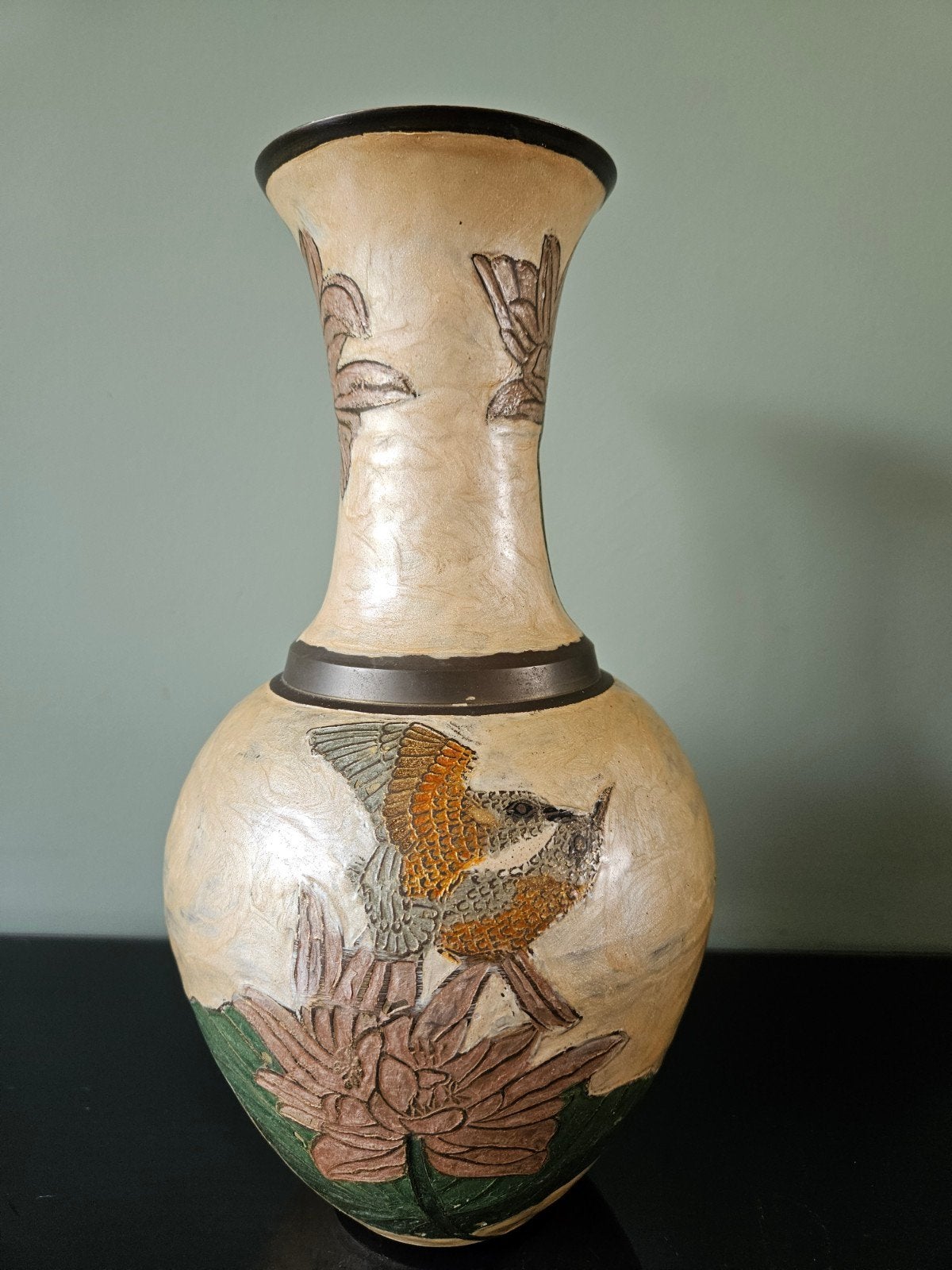 Vintage koperen / messing vaas, beschilderd / cloisonné, Huis en Inrichting, Woonaccessoires | Vazen, Overige materialen, 29 cm