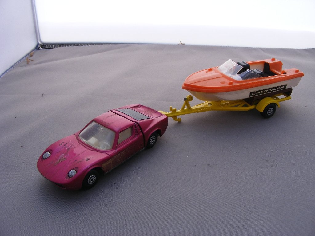 Lamborghini miura k24+ boot k25+trailer matchbox schade, Verzenden, Gebruikt, Auto, Matchbox