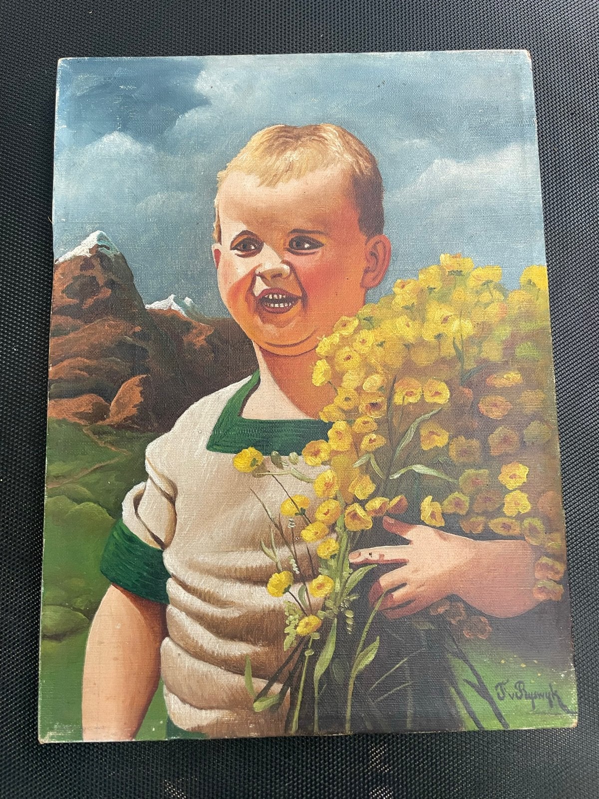 Vintage Olieverf Schilderij Jongen met Bloemen, Doek, Portret of Personen, Realistisch, Ophalen of Verzenden