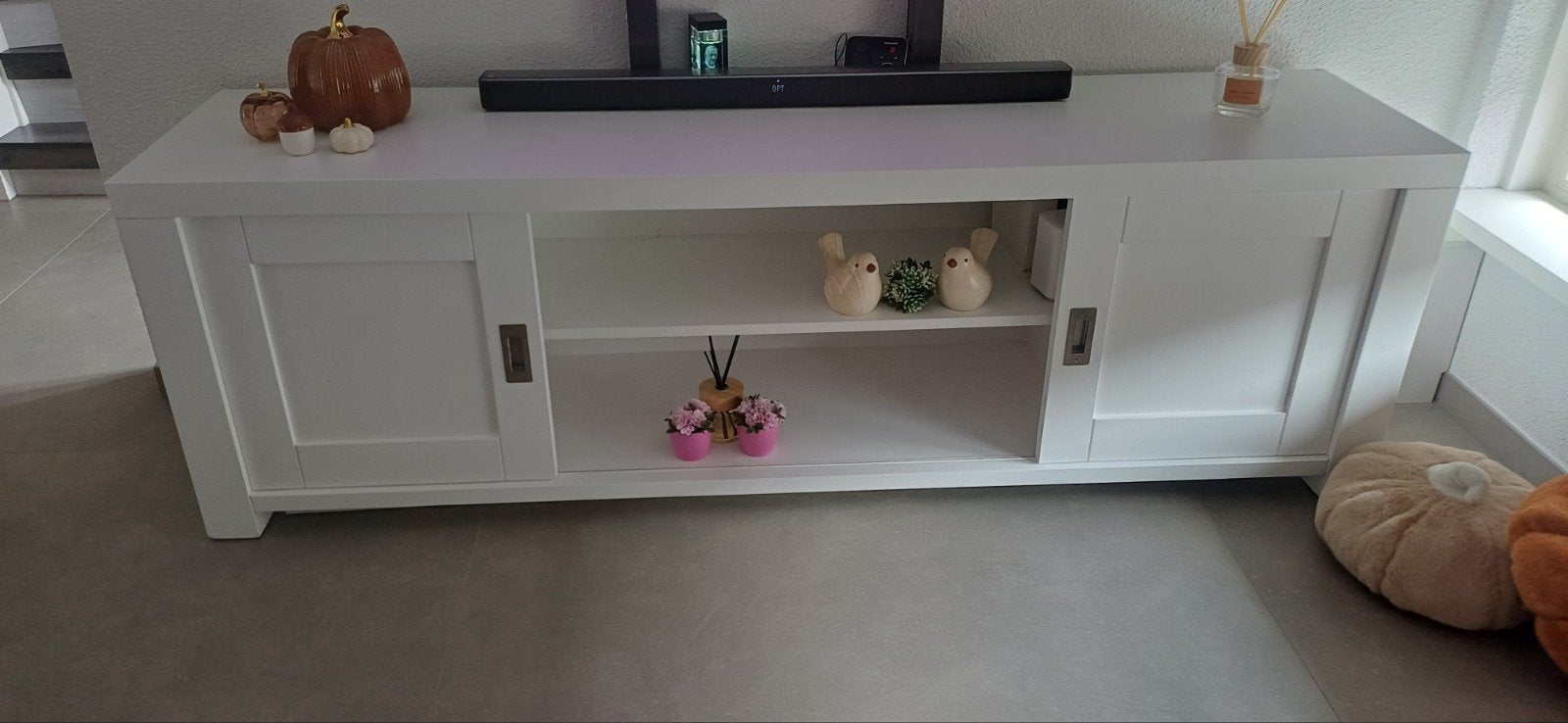 tv meubel wit met schuifdeuren, Ophalen, Gebruikt, 150 tot 200 cm, Minder dan 100 cm