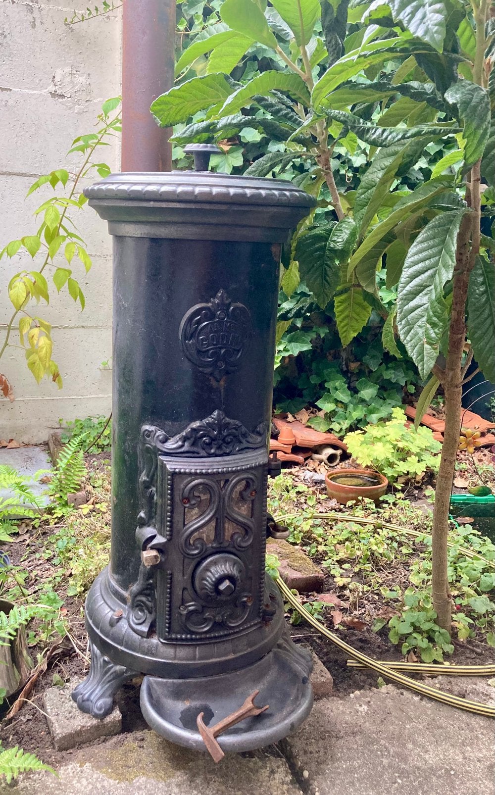 Antieke art nouveau Godin kachel kolen of hout, compl.& goed, Tuin en Terras, Tuinhaarden, Ophalen, Gebruikt