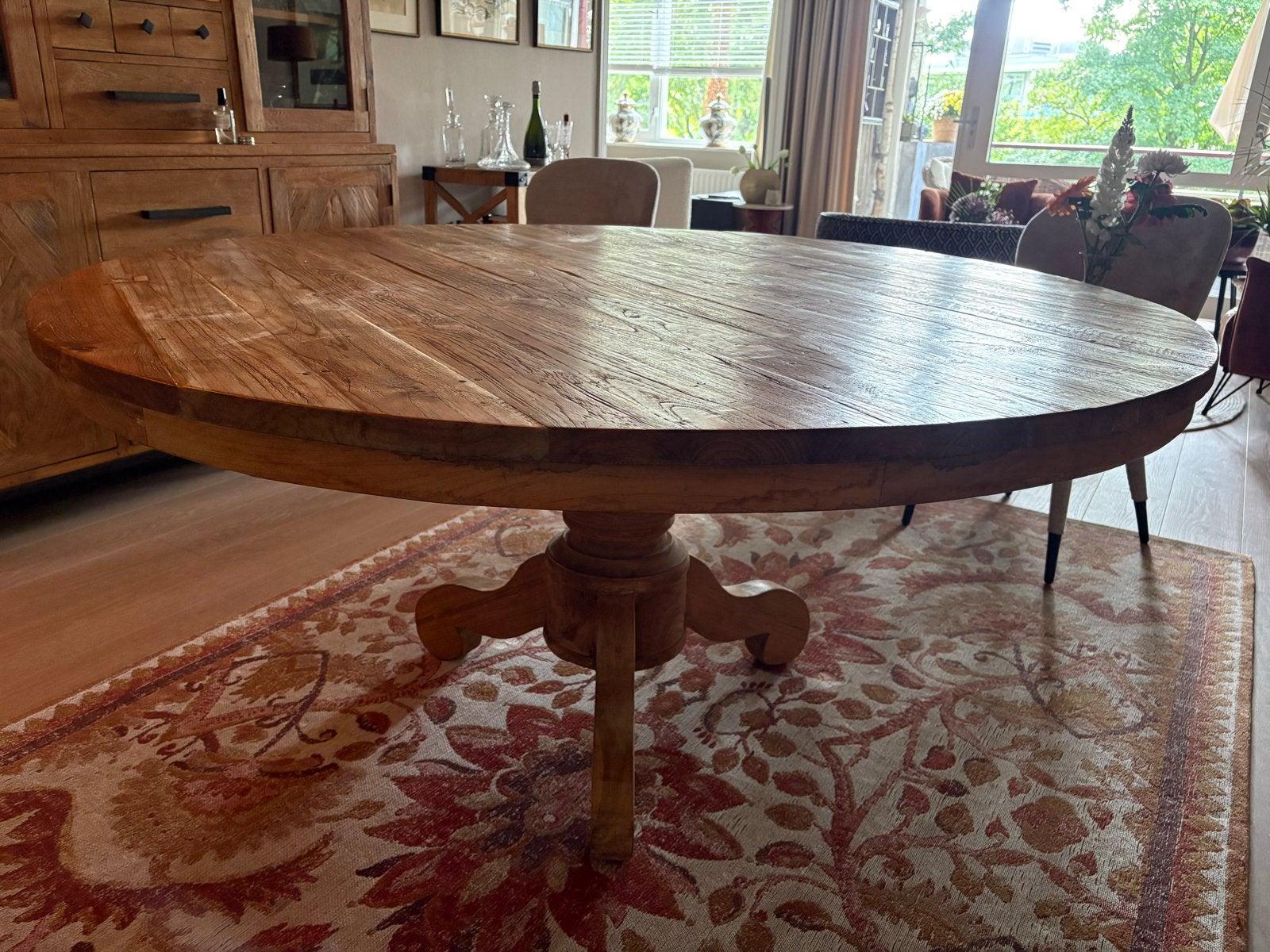 Massief houten ronde eettafel, Gebruikt, 150 tot 200 cm, Ophalen of Verzenden, Landelijk