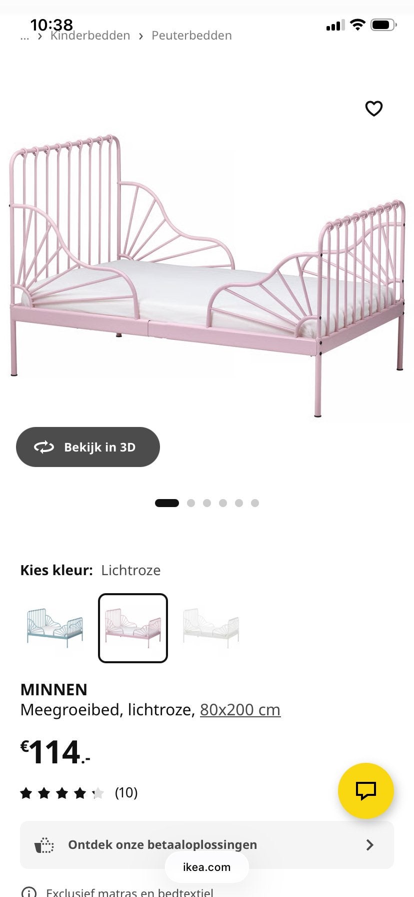 IKEA Minnen meegroeibed, lichtroze, zonder matras, Kinderen en Baby's, Kinderkamer | Bedden, Ophalen, 70 tot 85 cm, Zo goed als nieuw