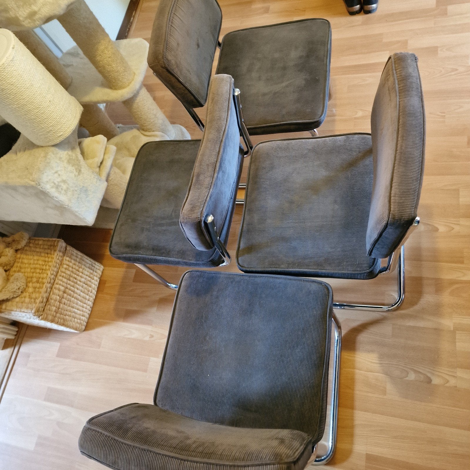 Set van 4 vintage eetkamerstoelen - Chroom en ribstof, Huis en Inrichting, Stoelen, Ophalen, Gebruikt, Overige kleuren, Vintage, Retro, Mid-century, Industriële stijl