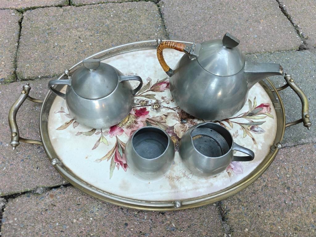 Antiek tinnen theeservies met dienblad gero tin, Ophalen of Verzenden