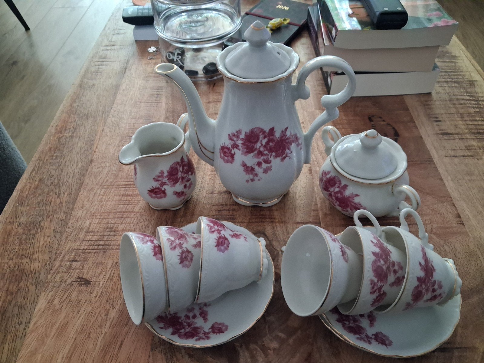 Edel Porzellan Koffie-/Theeservies met roze bloemen, Ophalen