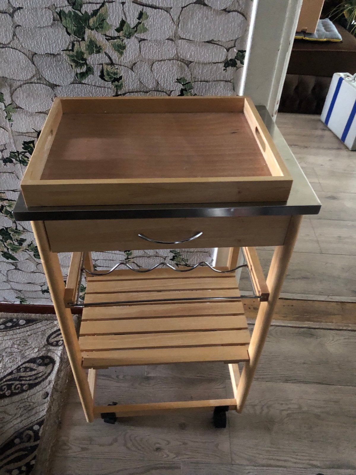 Keukentrolley met lade, flessenrek en dienblad, Huis en Inrichting, Gebruikt, Hout, Keukentrolley, Ophalen of Verzenden