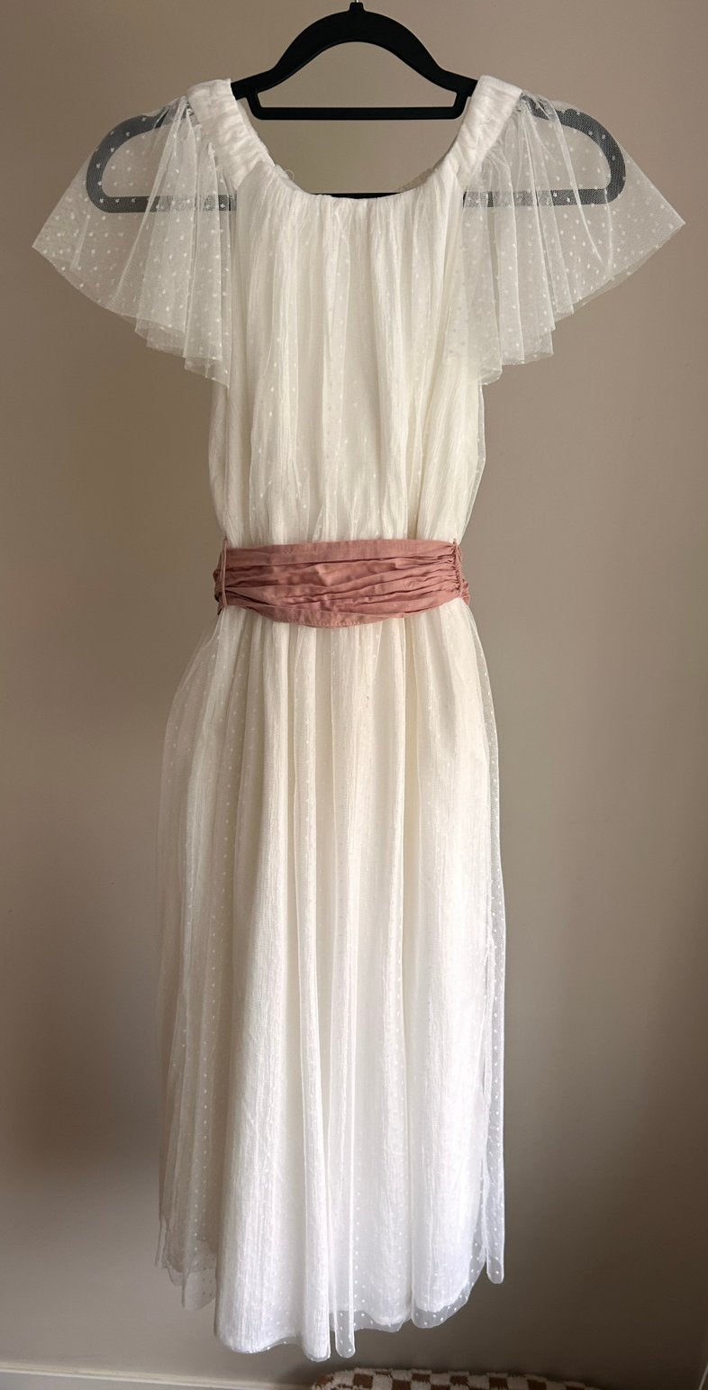Mango Witte bruidsmeisjes Jurk met roze Strik - Maat 146, Ophalen of Verzenden, Zo goed als nieuw, Meisje, Jurk of Rok