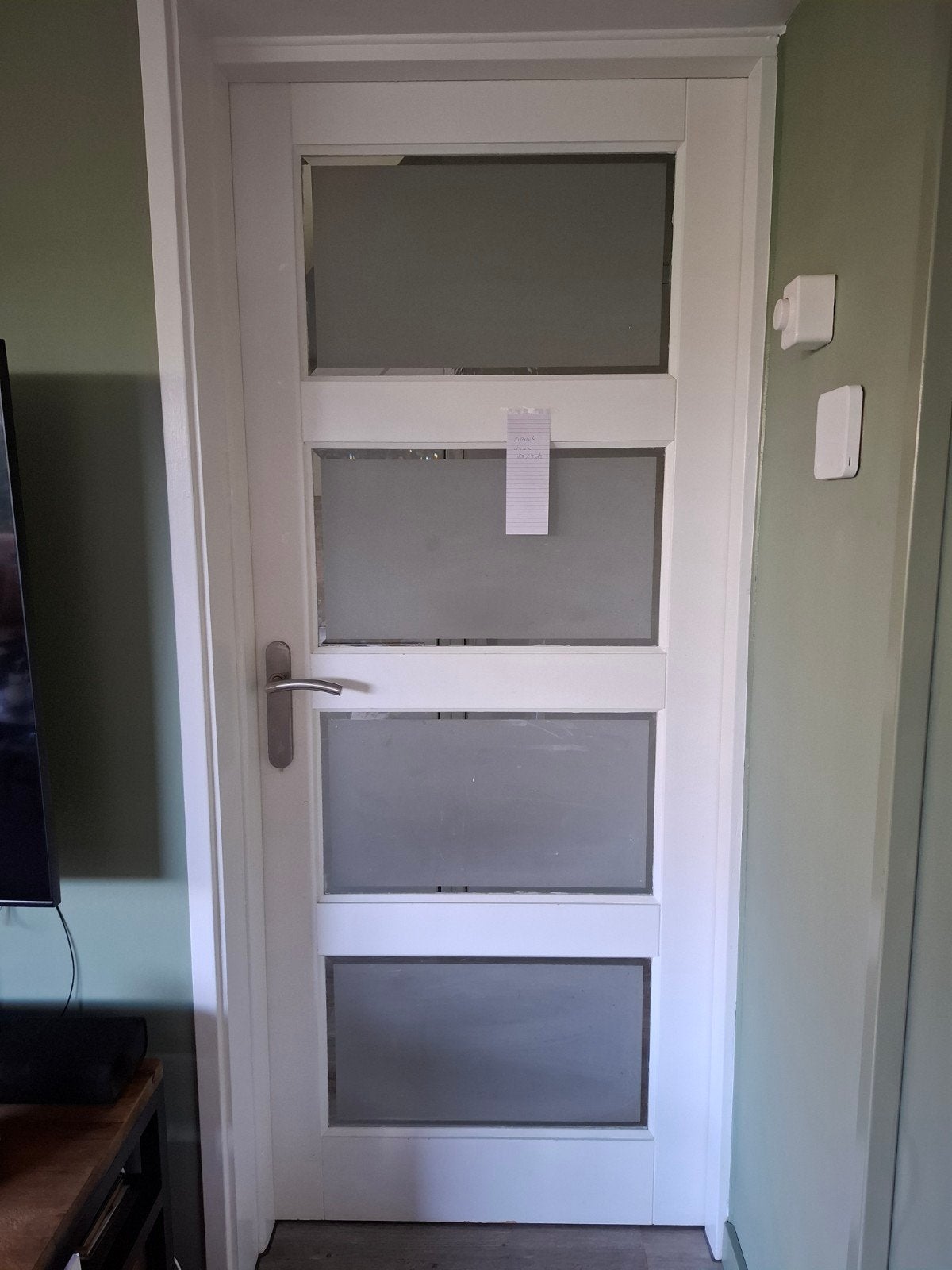 Opdekdeur met melkglas en hang- en sluitwerk, Doe-het-zelf en Verbouw, Deuren en Horren, Ophalen, Gebruikt, 80 tot 100 cm, Binnendeur