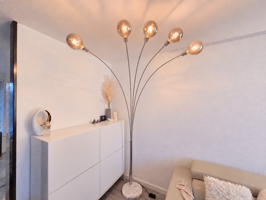 Booglamp 5-armig chroom marmeren voet + 12 lampen & dimmer, Huis en Inrichting, Ophalen, Gebruikt, Modern / industrieel, E27 (groot)
