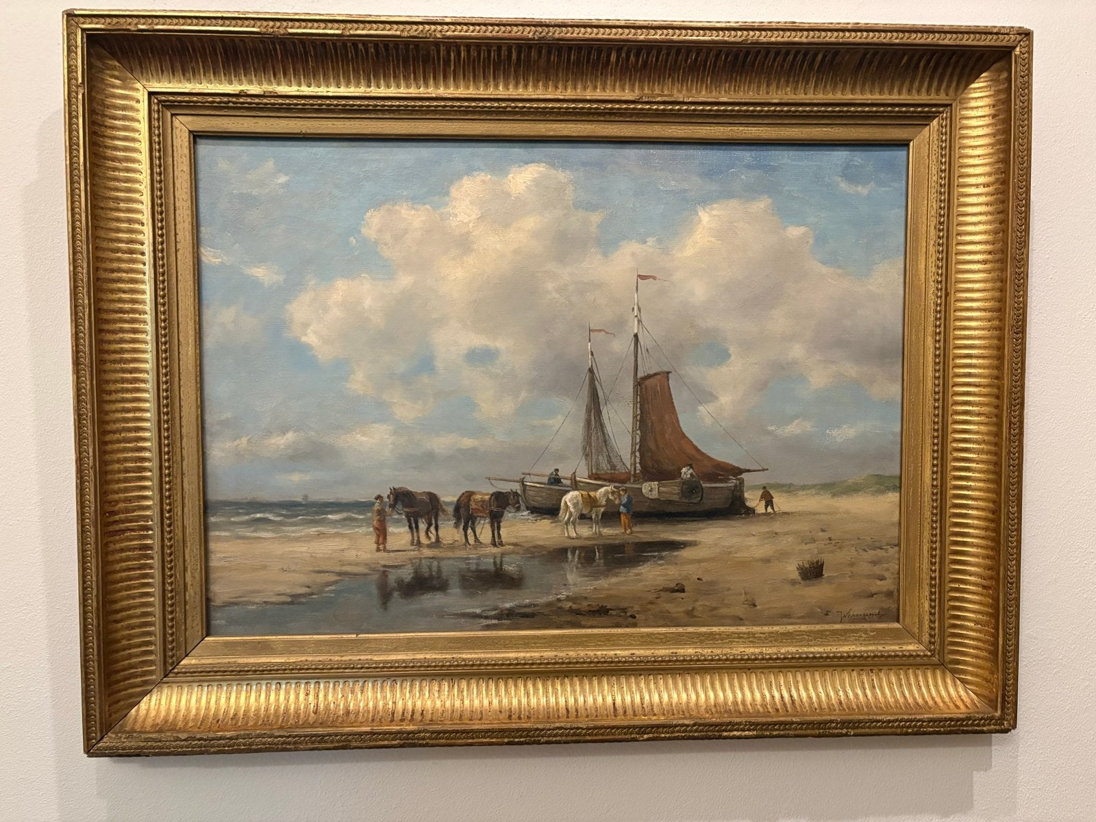 J.F.C. Scherrewitz - Strandgezicht met Bomschuit  en Paarden, Ophalen, Maritiem / water, Nederlandse school, Doek