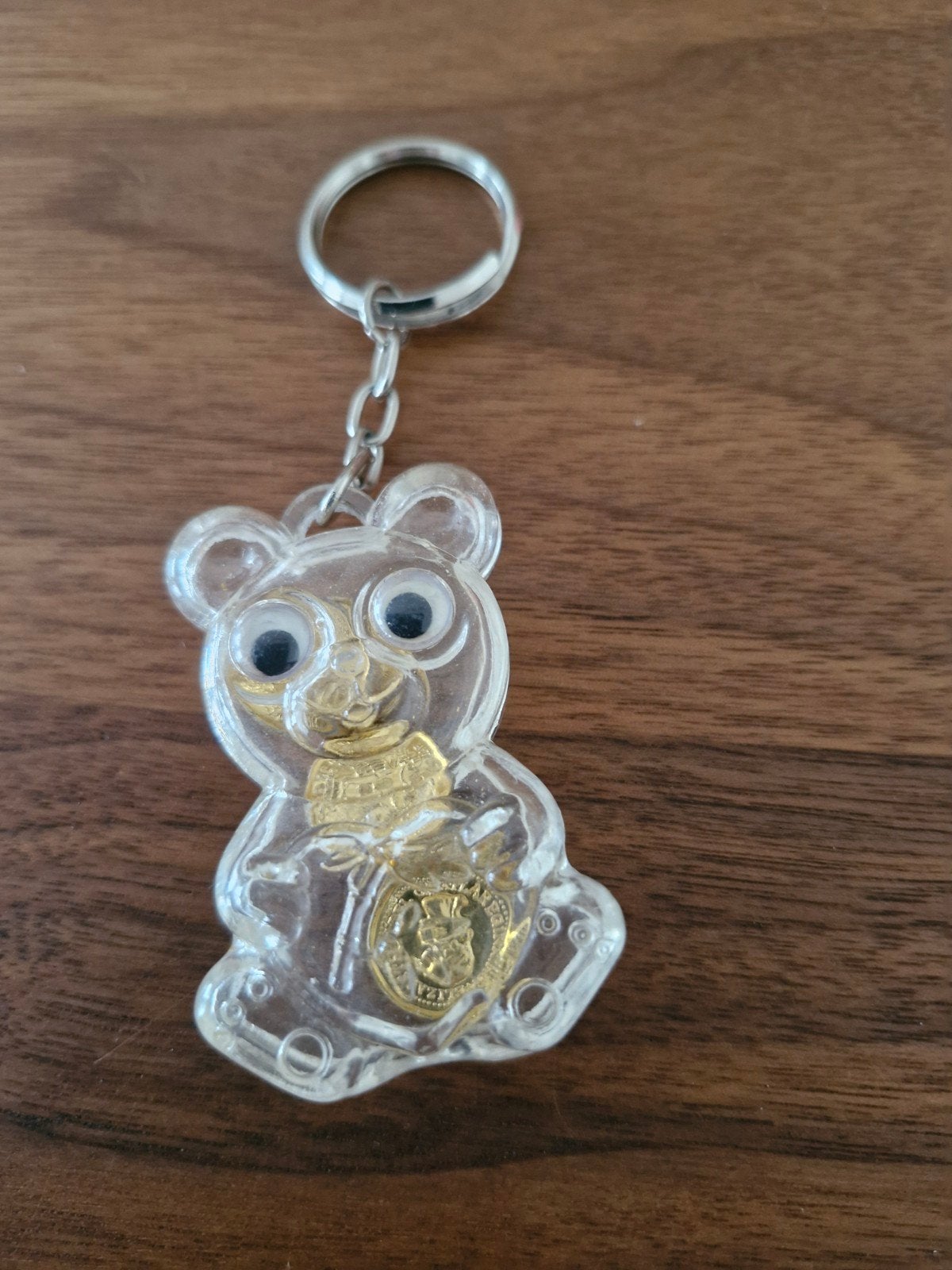 498 Leuke transparante beren sleutelhanger met gouden munt, Ophalen of Verzenden, Gebruikt, Knuffel of Figuurtje