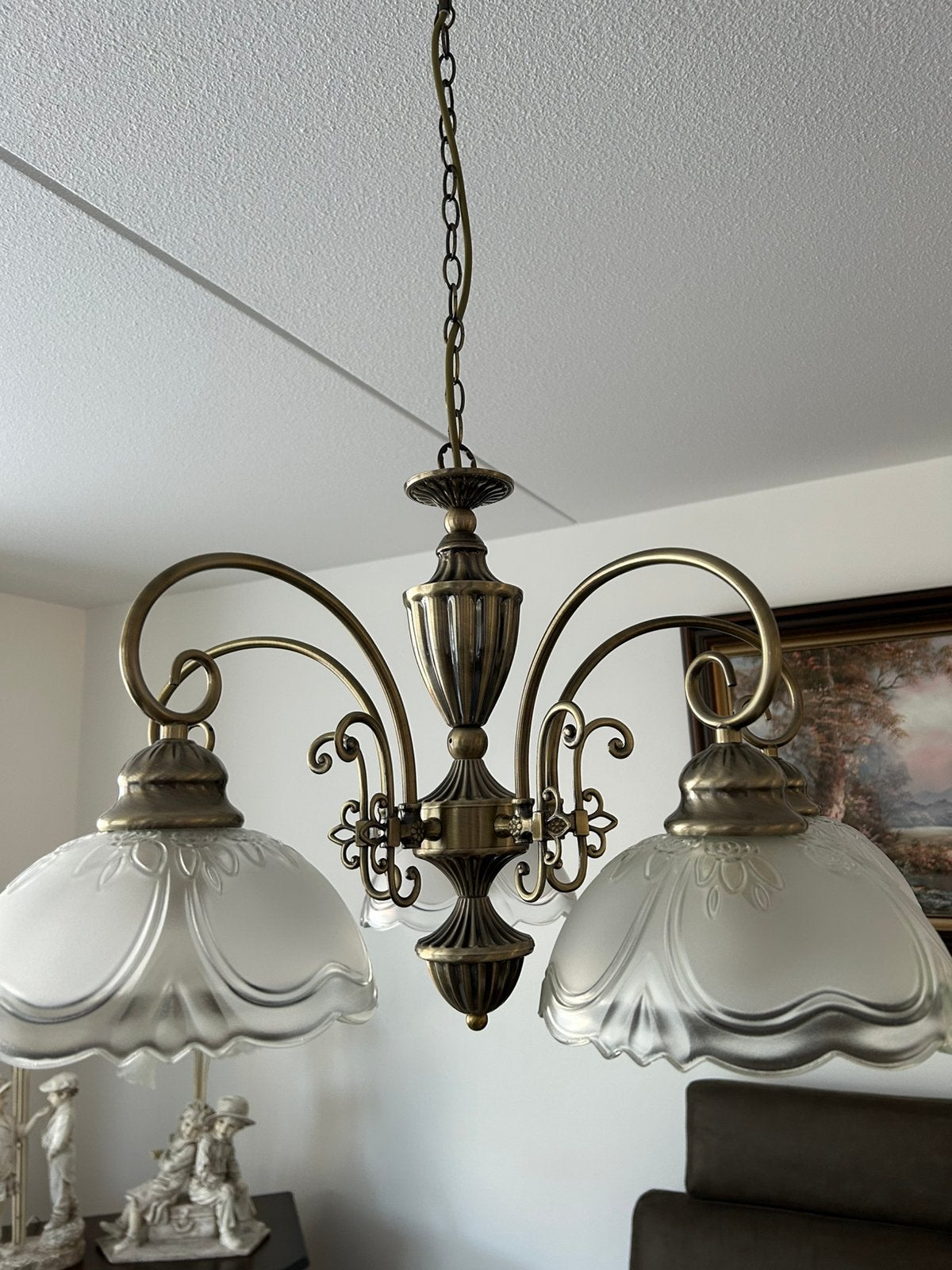 in nieuwstaat : 2 stuks hanglamp brons met glazen kapjes, Ophalen, Zo goed als nieuw, Glas