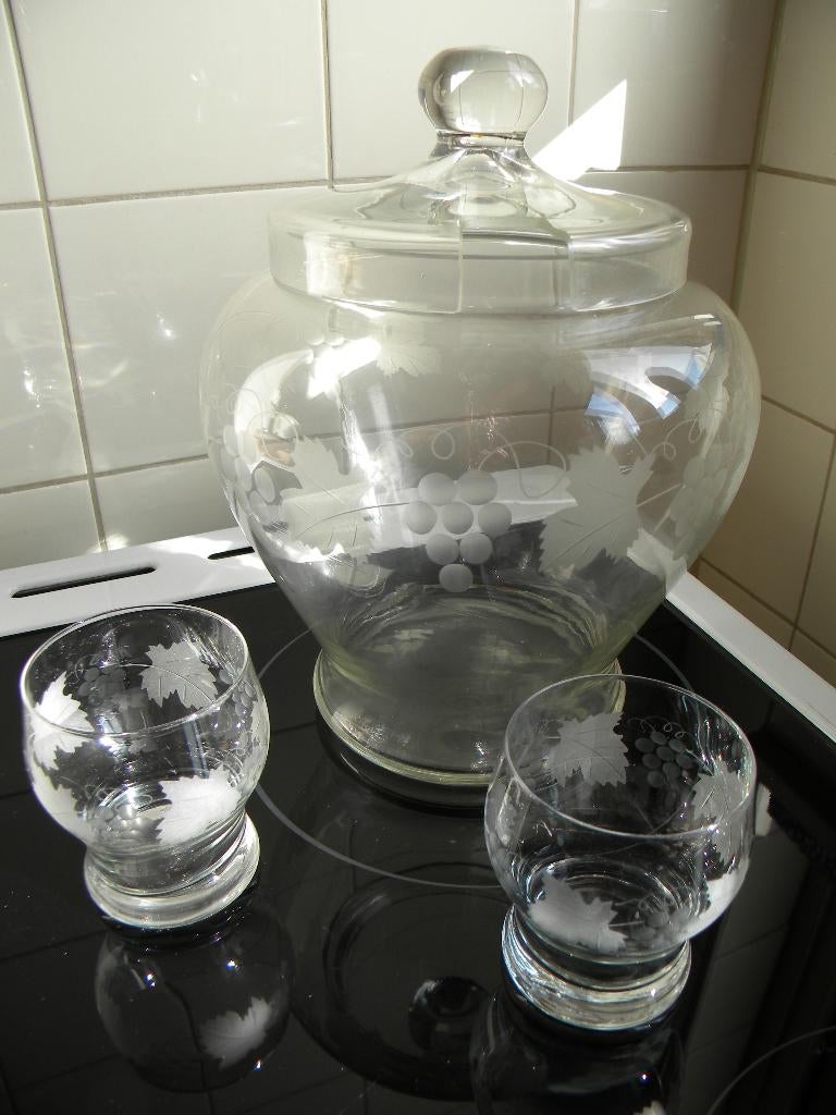 GLAZEN POT MET DEKSEL MET DRUIVEN GEGRAVEERD POT VOOR BOWL, Huis en Inrichting, Keuken | Servies, Glas of Glazen, Ophalen of Verzenden
