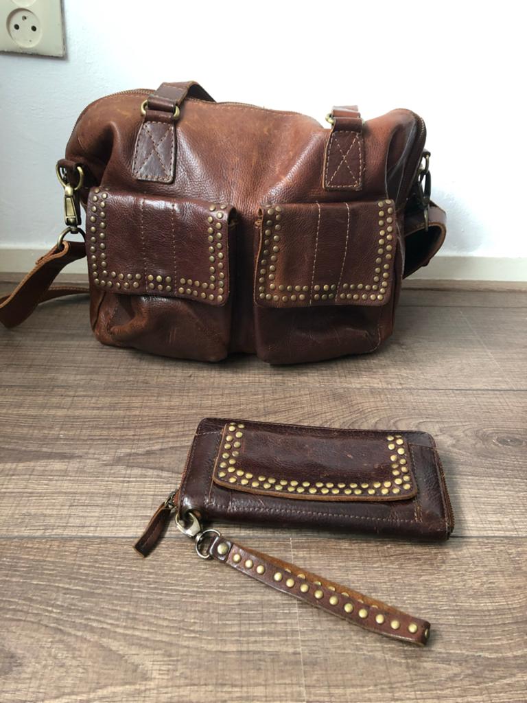 Cowboysbag leren tas en portemonnee bruin met studs, Overige merken, Gebruikt, Bruin, Ophalen of Verzenden