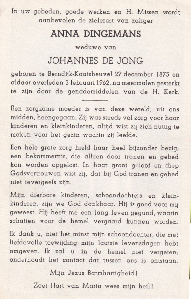 Dingemans Anna 1875 Berndijk Kaatsheuvel 1962, Ophalen of Verzenden, Bidprentje