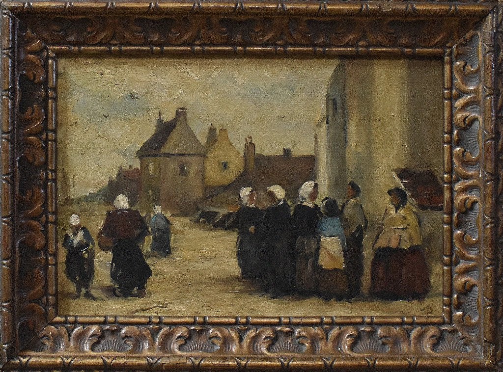 Vissersdorp nabij de kust ( Katwijk?), Antiek en Kunst, Impressionistisch, Olieverf, Maritiem / water, Paneel