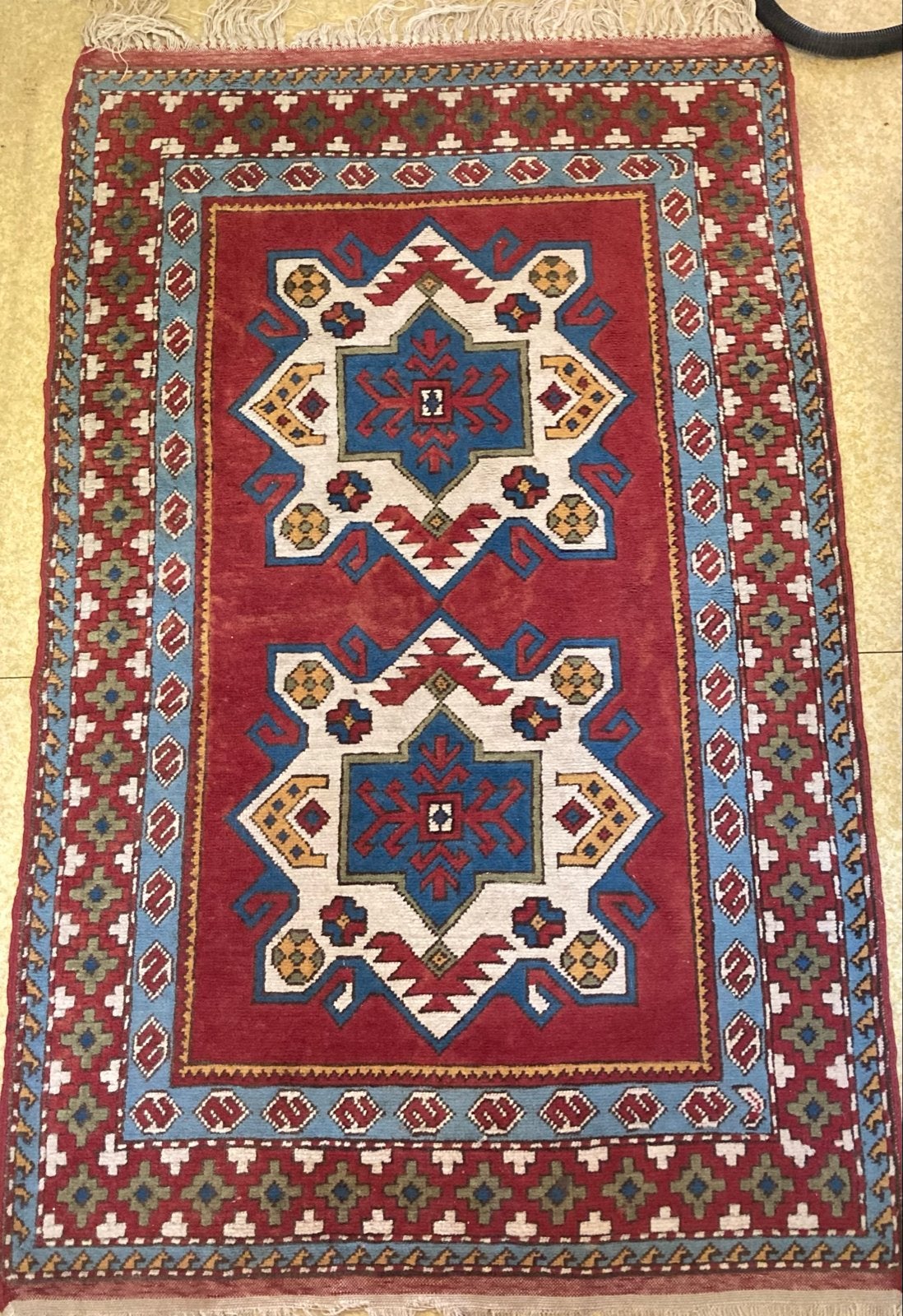 Vintage Oosters Tapijt - Rood met Blauwe Patronen, Ophalen, Gebruikt, 100 tot 150 cm, 200 cm of meer