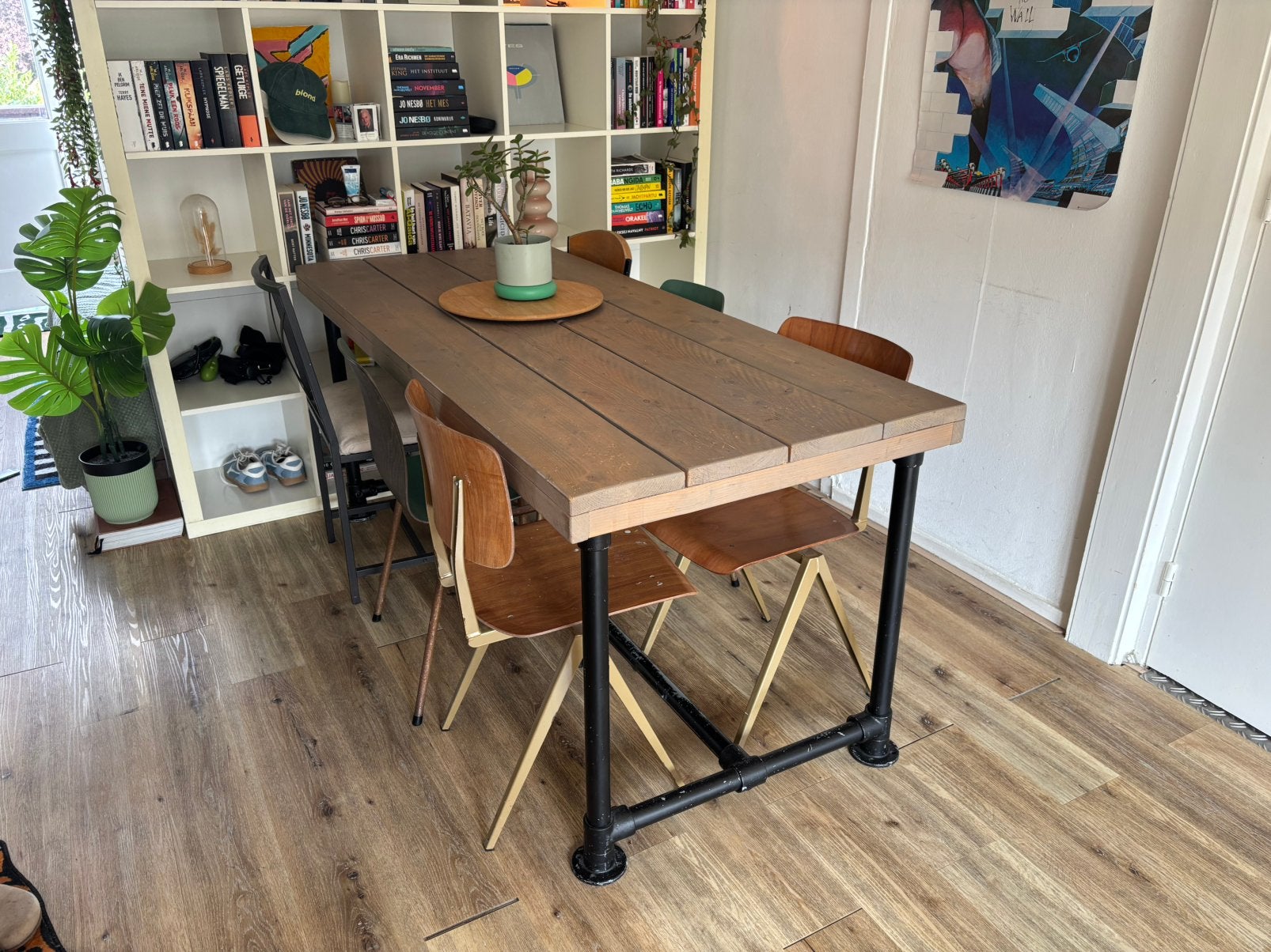 Robuuste steigerhouten eettafel met industriële poten, Ophalen, Gebruikt, 50 tot 100 cm, 150 tot 200 cm