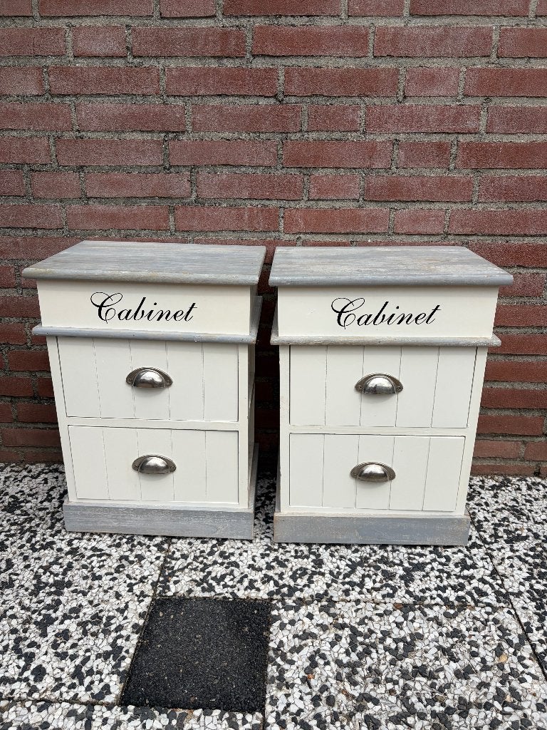 2 landelijke/witgrijze kastjes met 2 lades, Ophalen, Gebruikt, Minder dan 45 cm, 55 tot 70 cm