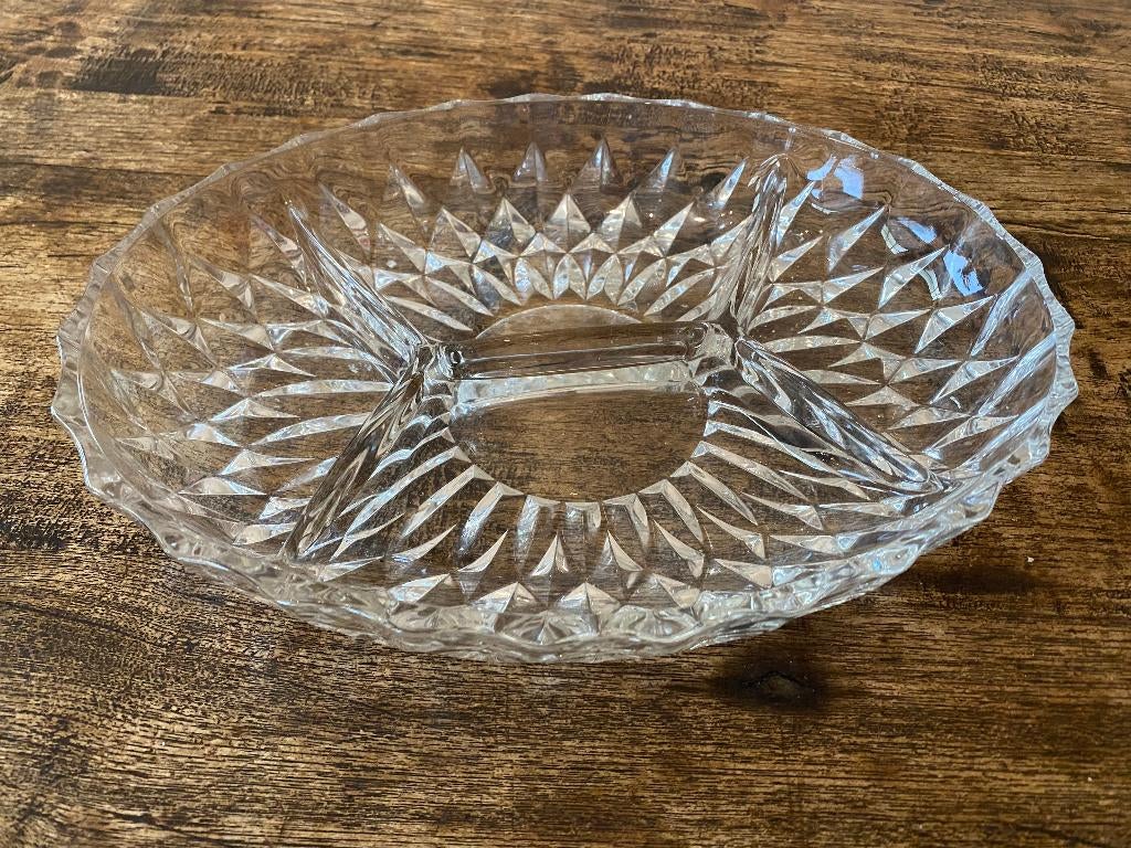Brocante, glazen hapjesschaal (ovaal) met 4 vakken, Antiek en Kunst, Ophalen of Verzenden