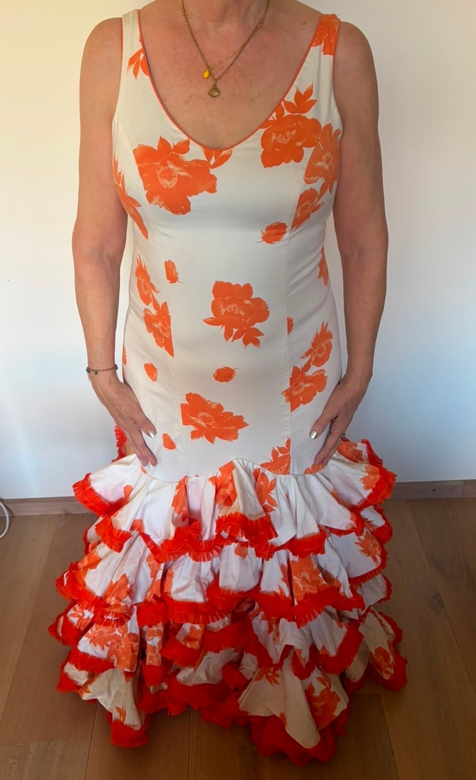 Flamenco jurk met jasje - Oranje bloemenprint, Ophalen, Maat 46/48 (XL) of groter, Oranje, Gedragen