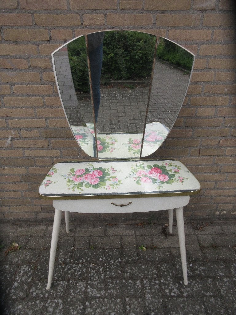 Vintage kaptafel met drieluik spiegel en roze bloemen, Ophalen, Gebruikt, 50 tot 100 cm, Minder dan 100 cm