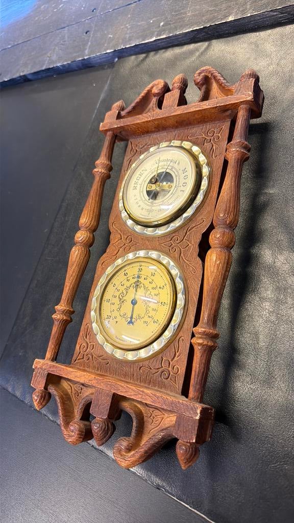 Antieke Barometer en Thermometer - Tissot Houten Weerstation, Ophalen, Gebruikt, Kringloop, Weerstation
