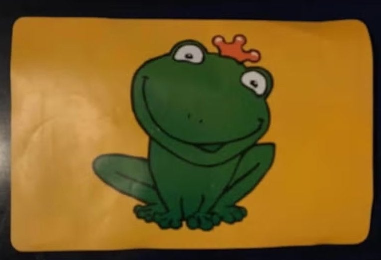 Geel placemat met groene kikker; onderzetter borden, Ophalen of Verzenden, Gebruikt, Geel