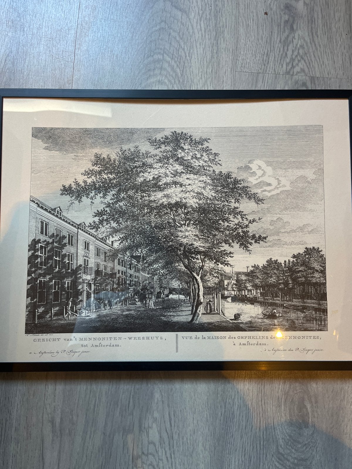 Historische kopergravure: Mennonieten Weeshuis Amsterdam, Met tekst, Architectuur, Ophalen of Verzenden, Gravure