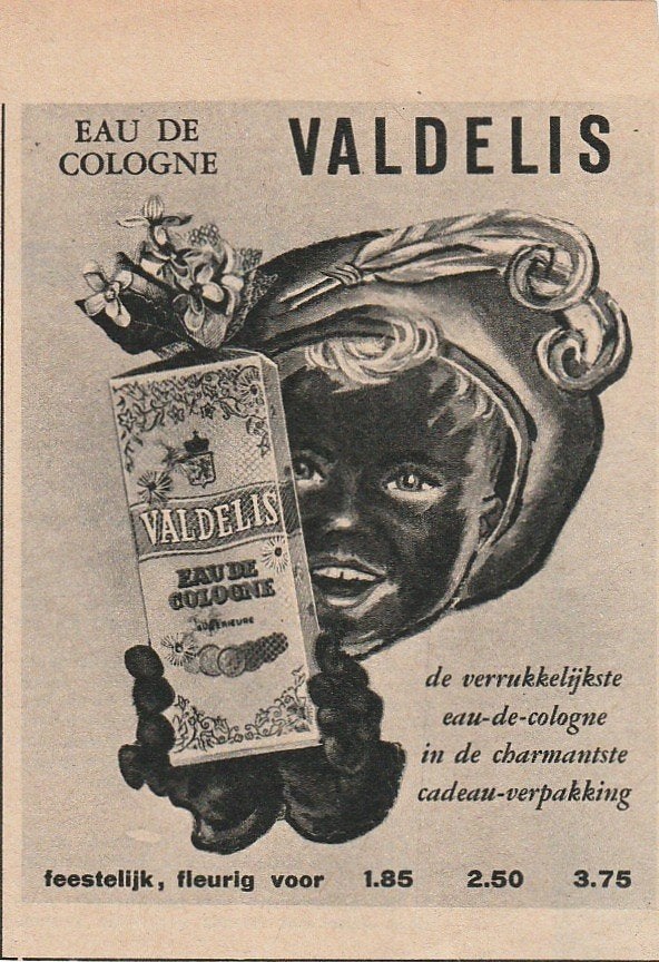 Retro reclame 1955 Valdelis eau de cologne van Zwarte Piet, Verzamelen, Retro, Overige typen, Verzenden