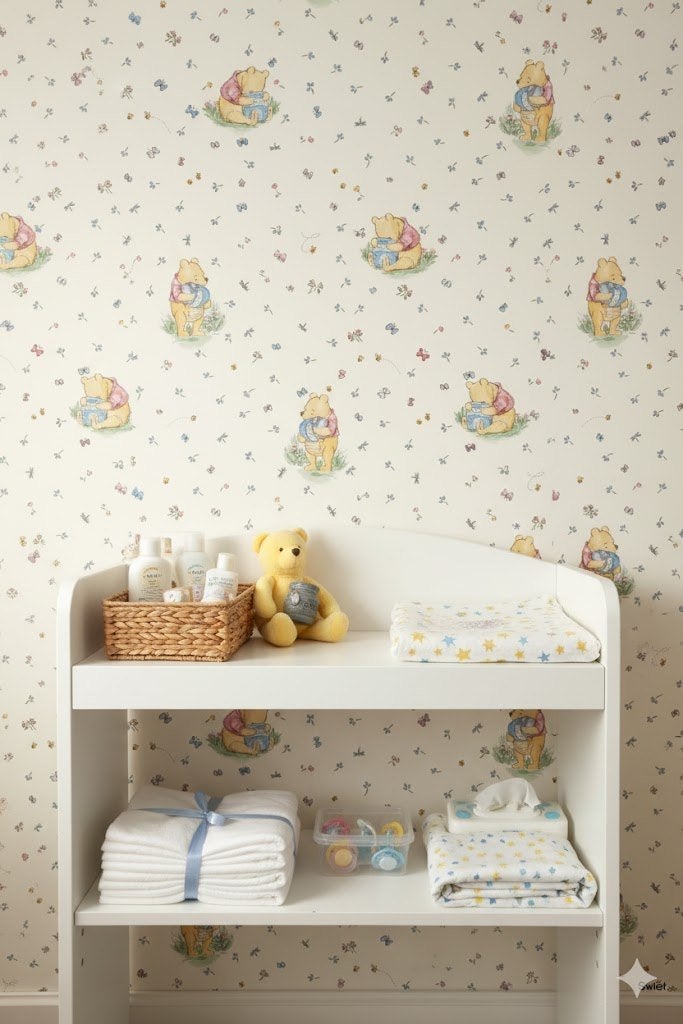 6739 Winnie the pooh kinderkamer vintage behang swiet, Huis en Inrichting, Stoffering | Behang, Ophalen of Verzenden, Blauw