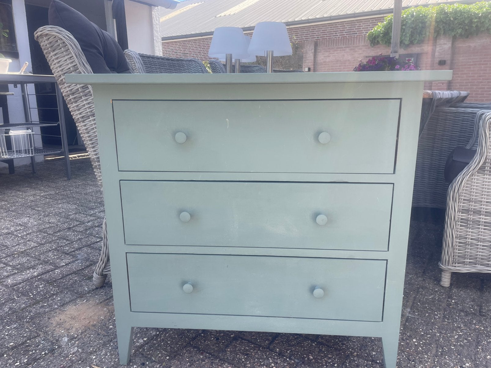 Gratis houten Ladenkastje hout ,licht groen geverfd, Ophalen, Gebruikt, 50 tot 100 cm, 3 of 4 laden