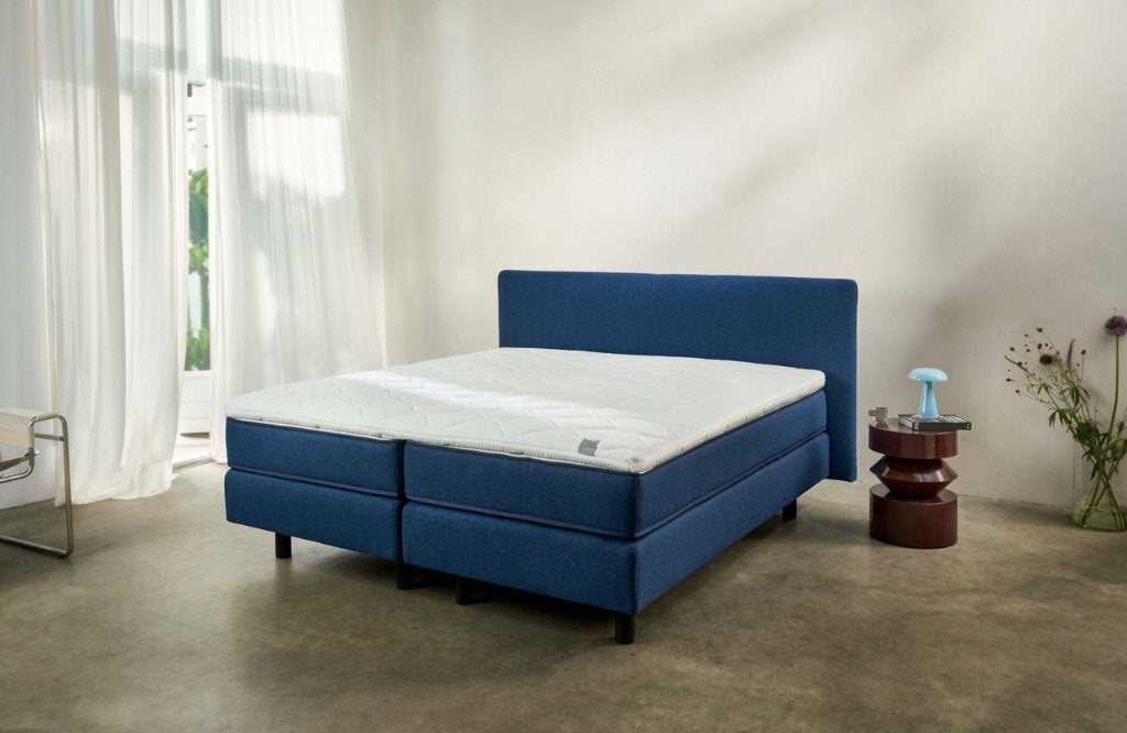 Prachtige Auping Original Boxspring Vlak – Gloednieuw, Blauw, 210 cm, Ophalen of Verzenden, 180 cm