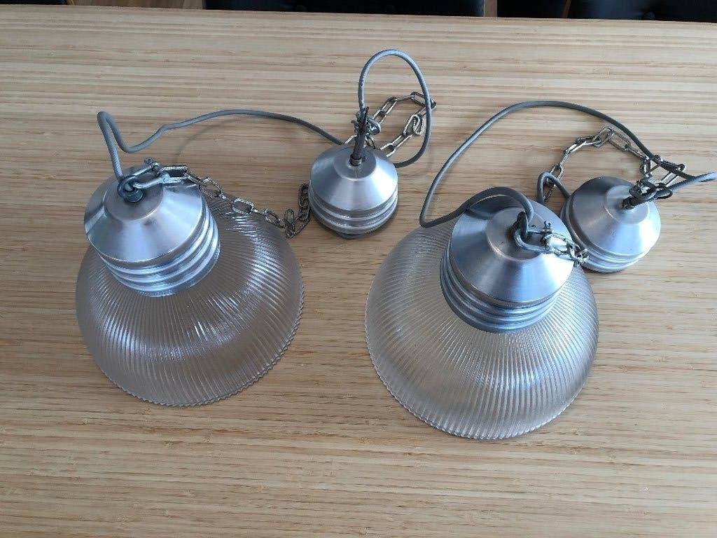 Industriële Glazen Hanglampen 2 st., Ophalen, Zo goed als nieuw, Glas, Industrieel