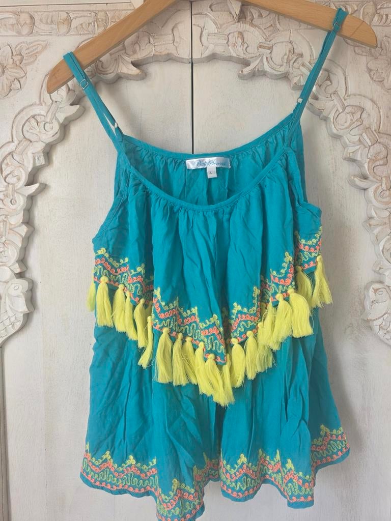 Turquoise topje met kwastjes Bali Sensasi, Blauw, Zo goed als nieuw, Zonder mouw, Bali Sensasi