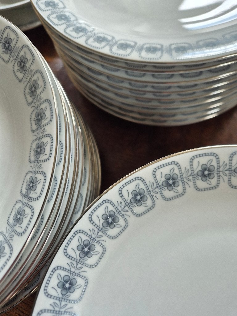 12 pers. Blauwgrijs decor zilveren rand, uitgebreid servies, Ophalen, Zo goed als nieuw, Overige stijlen, Porselein