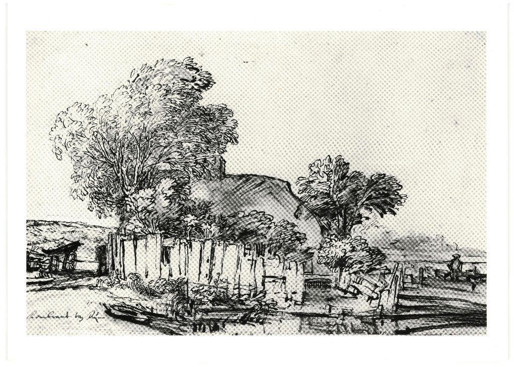Huisje met houten omheining tussen bomen Rembrandt