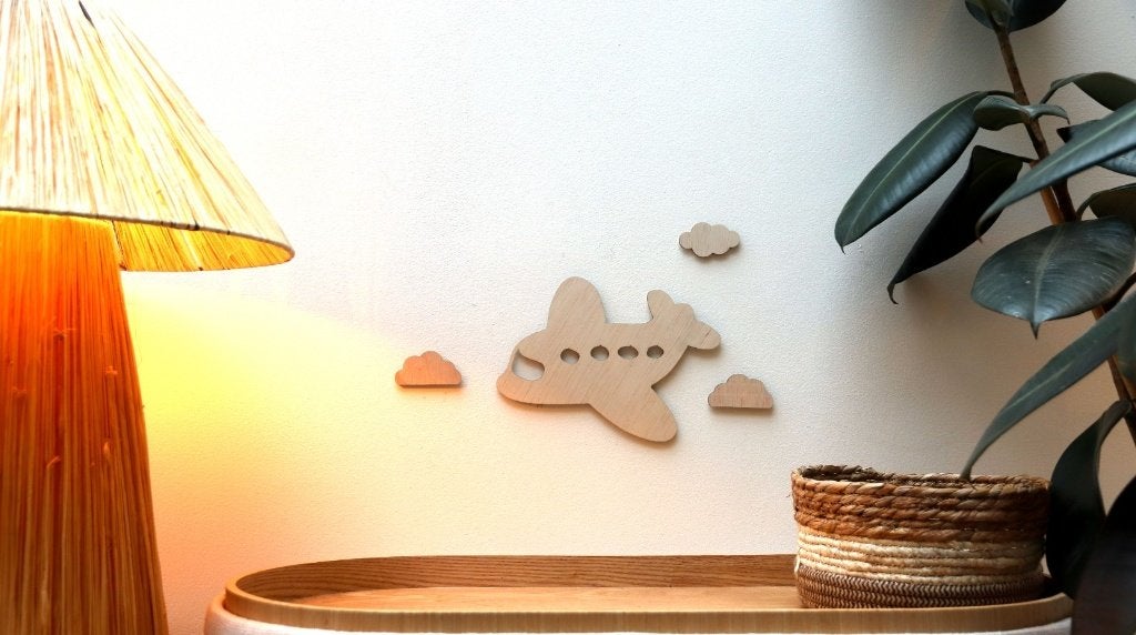 Houten Vliegtuig Wanddecoratie met Wolken - Kinderkamer, 30 cm, Hout, Bruin, Modern