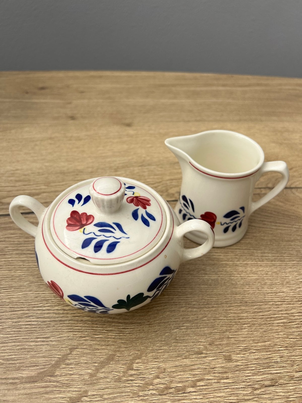 Boerenbont suikerpot en melkkannetje set, Ophalen, Gebruikt, Aardewerk, Overige typen