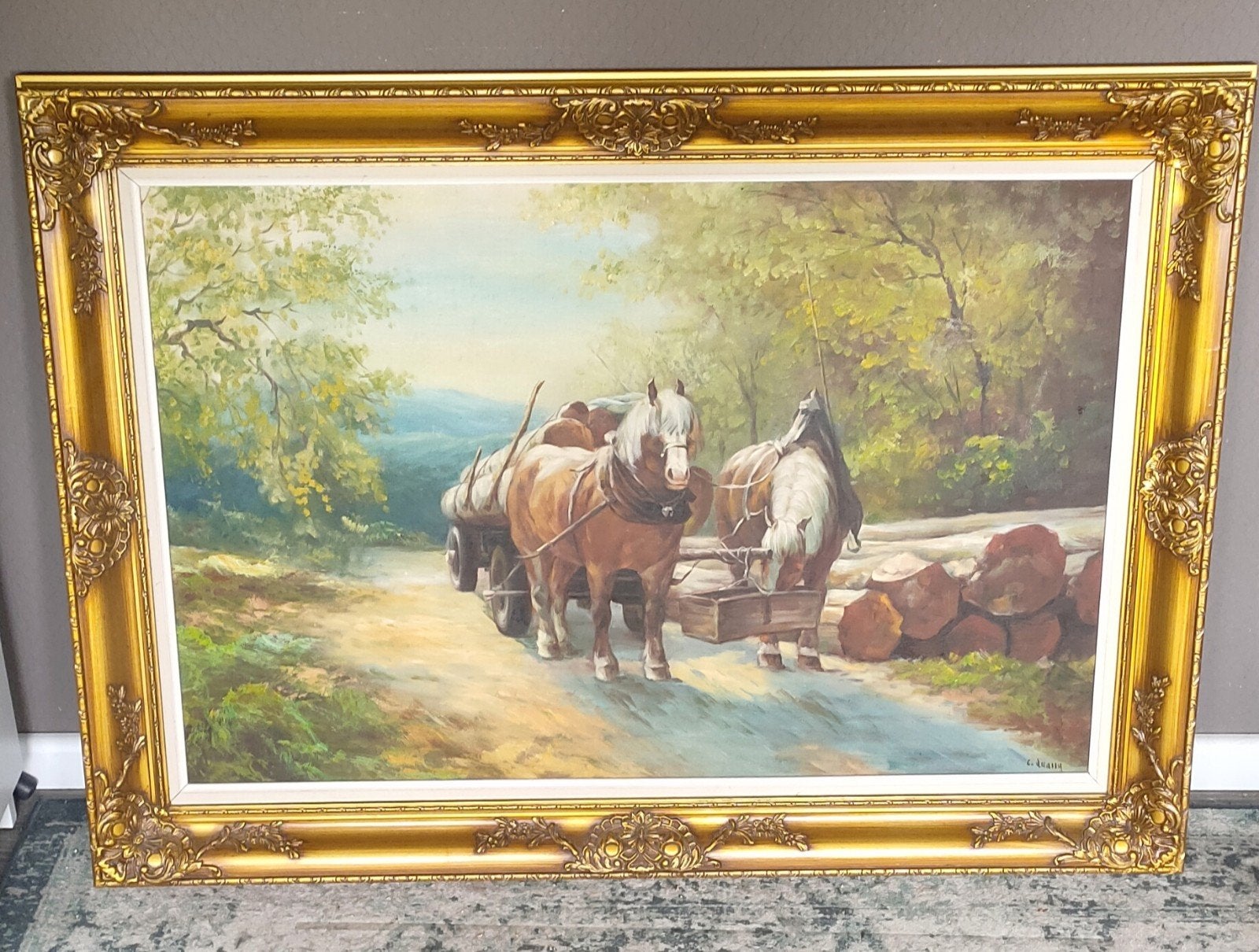 Groot schilderij op doek met twee paarden, Antiek en Kunst, Ophalen, Doek, Dieren, Klassiek